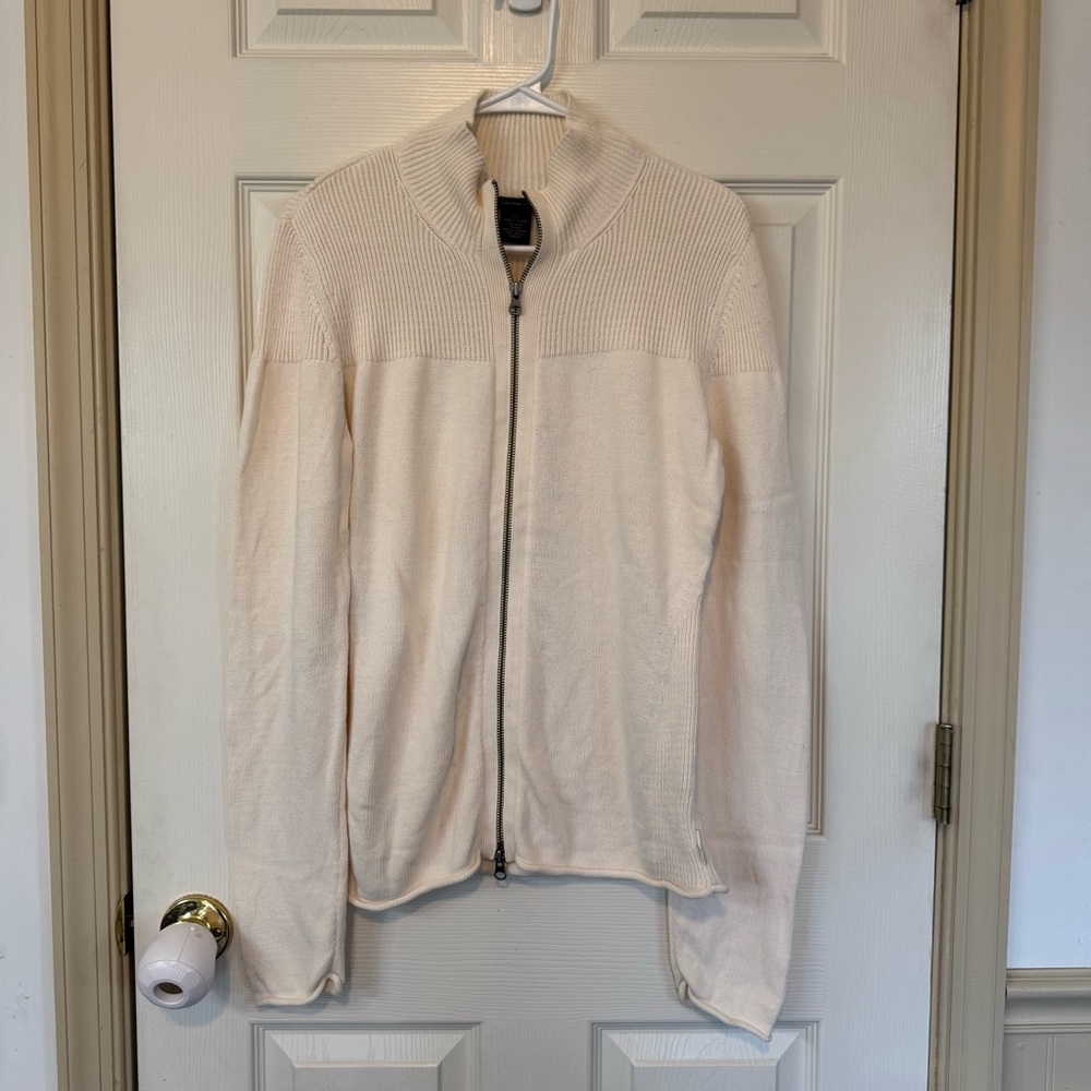 Calvin Klein Cream Knit Sweater Double Zip Mock Neck Roll Cuff Women’s  Size L
